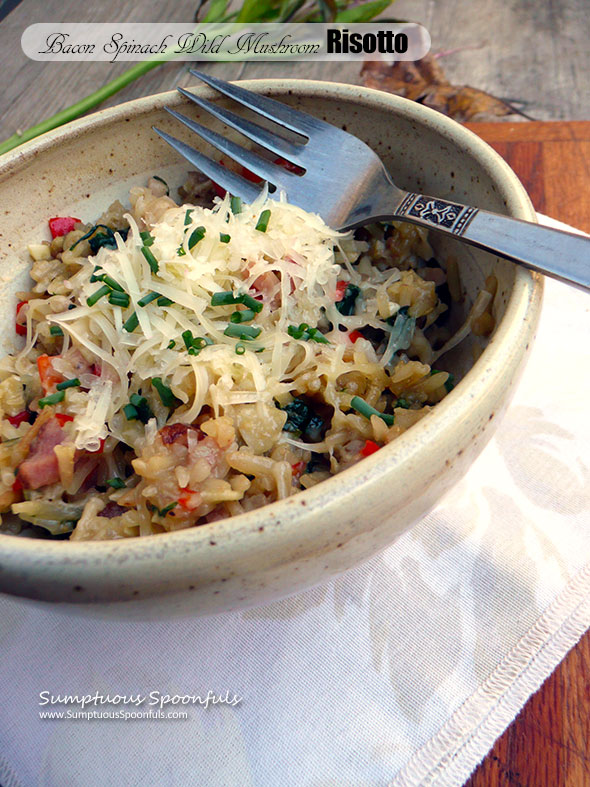 Bacon Spinach Wild Mushroom Risotto ~ Sumptuous Spoonfuls #Italian #risotto #recipe 