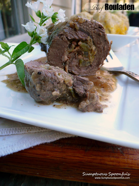 Beef Rouladen (German Pickle & Bacon Stuffed Beef Rolls) ~ Sumptuous Spoonfuls #German #dinner #recipe