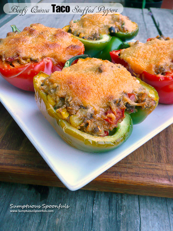 Beefy Quinoa Taco Stuffed Peppers ~ Sumptuous Spoonfuls #Healthy #Dinner #Recipe