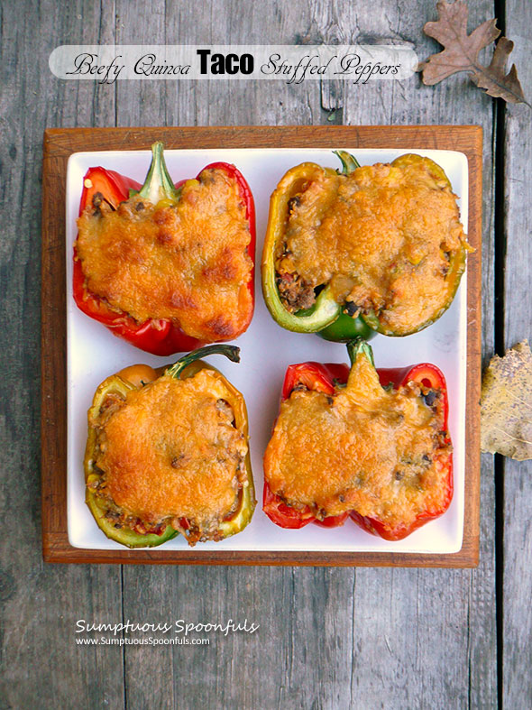 Beefy Quinoa Taco Stuffed Peppers ~ Sumptuous Spoonfuls #Healthy #Dinner #Recipe