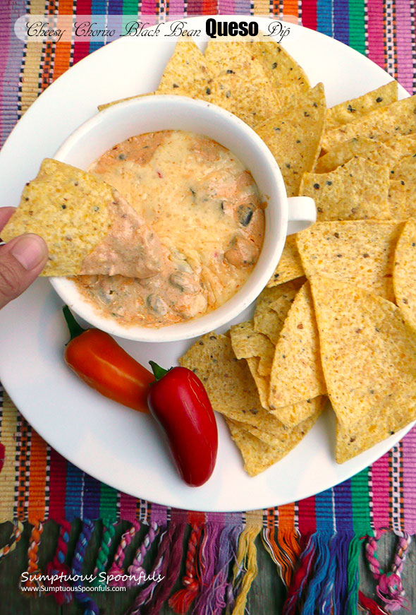 Cheesy Chorizo Black Bean Queso Dip ~ Sumptuous Spoonfuls #Mexican #Queso #meaty #cheese #dip #recipe