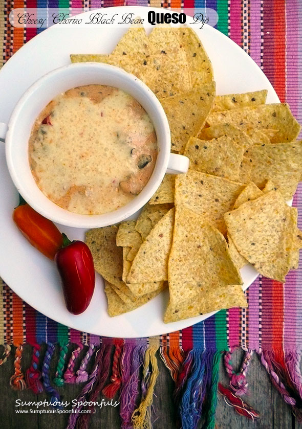 Cheesy Chorizo Black Bean Queso Dip ~ Sumptuous Spoonfuls #Mexican #Queso #meaty #cheese #dip #recipe