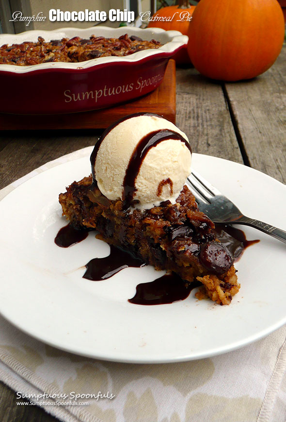 Pumpkin Chocolate Chip Oatmeal Pie ~ Sumptuous Spoonfuls #dessert for #breakfast #recipe #Choctoberfest with Imperial Sugar