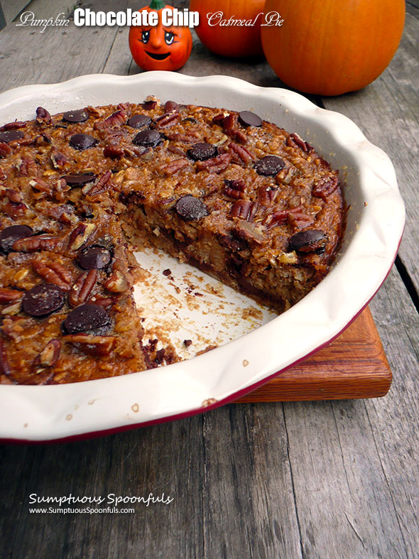 Pumpkin Chocolate Chip Oatmeal Pie ~ Sumptuous Spoonfuls #dessert for #breakfast #recipe #Choctoberfest with Imperial Sugar