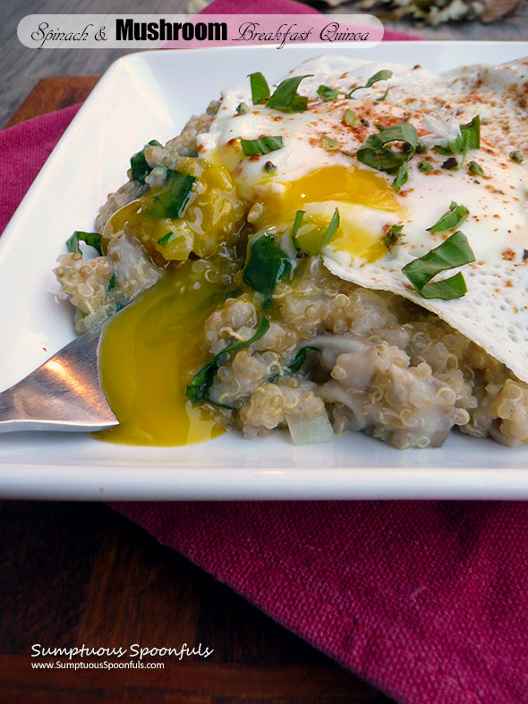 Spinach & Mushroom Breakfast Quinoa ~ Sumptuous Spoonfuls #cheesy #breakfast #quinoa #recipe