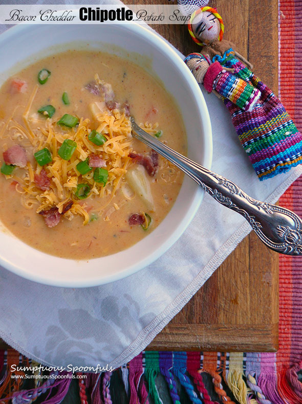 Bacon Cheddar Chipotle Potato Soup ~ Sumptuous Spoonfuls #cheesy #spicy #smoky #potato #soup #recipe