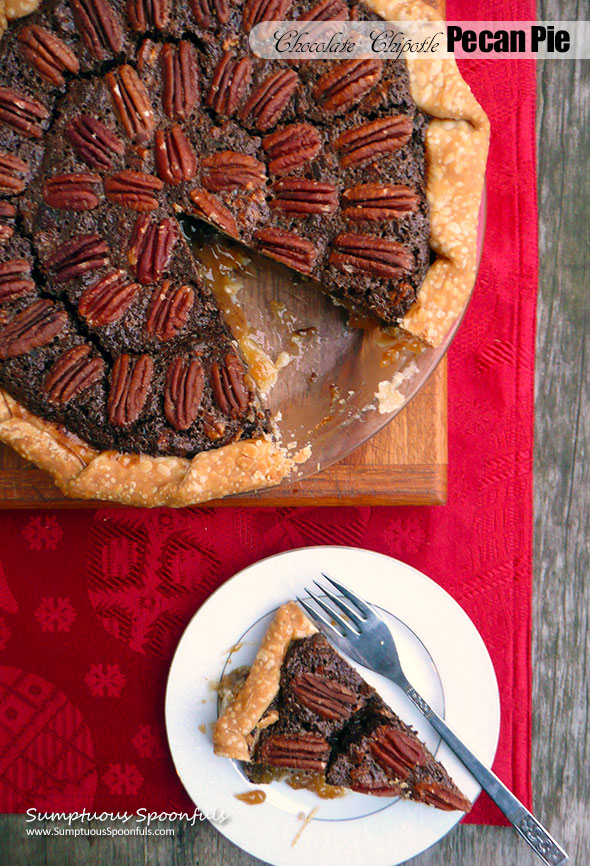 Chocolate Chipotle Pecan Pie ~ Sumptuous Spoonfuls #decadent #pecan #pie #recipe