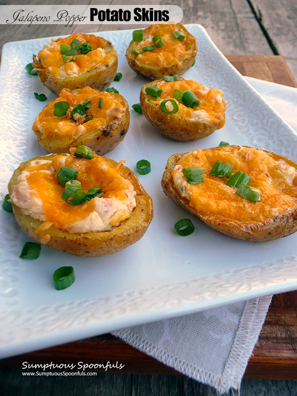 Bacon Jalapeno Popper Potato Skins ~ Sumptuous Spoonfuls #appetizer #recipe