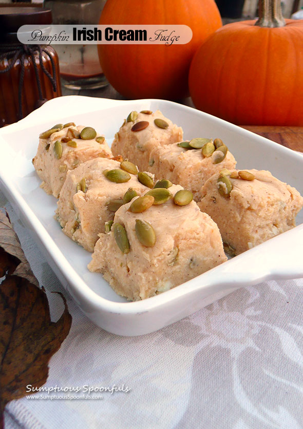 Pumpkin Irish Cream Fudge ~ Sumptuous Spoonfuls #holiday #pumpkin #whitechocolate #fudge #recipe