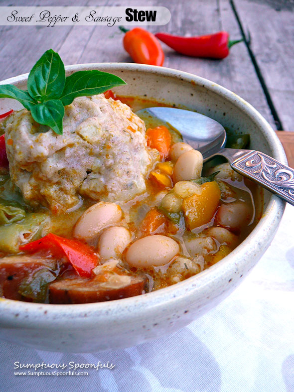 Sweet Pepper & Sausage Stew with Dilled Potato Dumplings ~ Sumptuous Spoonfuls #hearty #soup #recipe