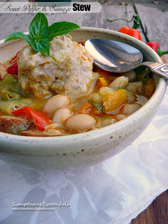 Sweet Pepper & Sausage Stew with Dilled Potato Dumplings ~ Sumptuous Spoonfuls #hearty #soup #recipe