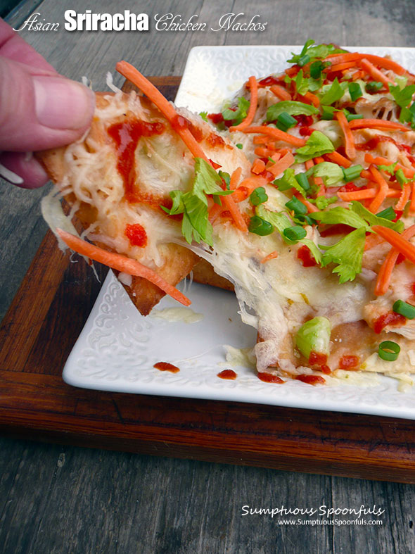 Asian Sriracha Chicken Nachos ~ Sumptuous Spoonfuls #sriracha #chicken #nachos #recipe