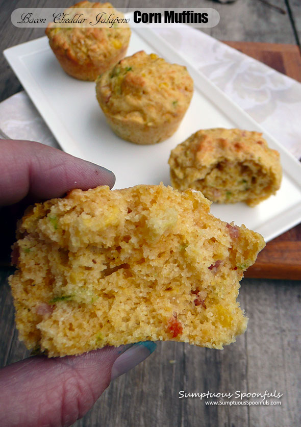 Bacon Cheddar Jalapeno Corn Muffins ~ Sumptuous Spoonfuls #easy #cornbread #muffin #recipe w #glutenfree option