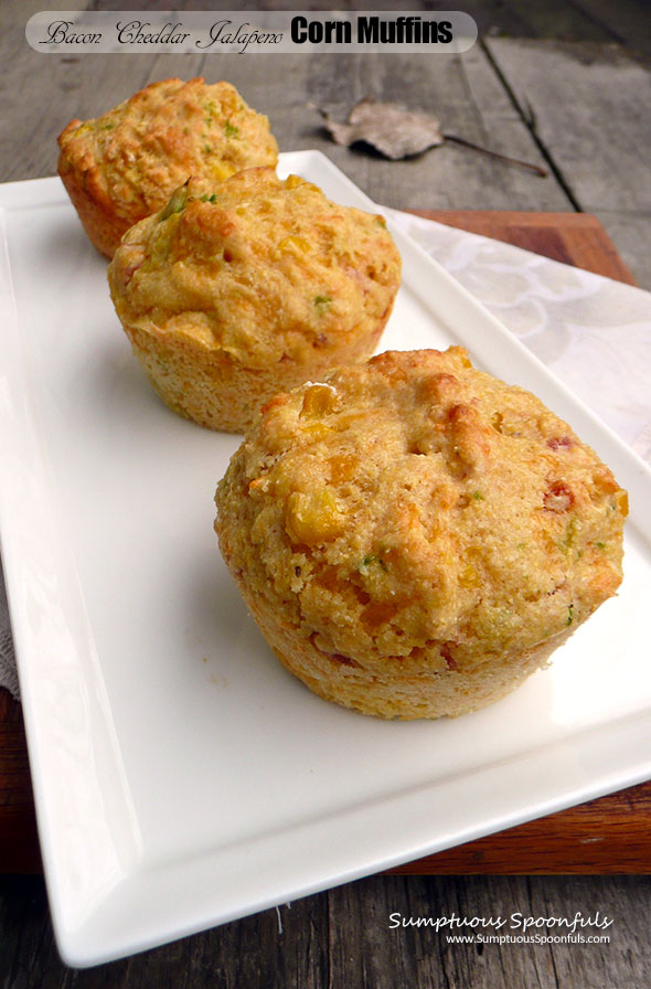 Bacon Cheddar Jalapeno Corn Muffins ~ Sumptuous Spoonfuls #easy #cornbread #muffin #recipe w #glutenfree option