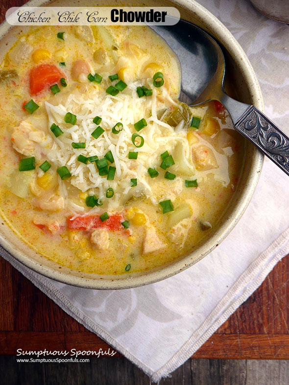 Chicken Chile Corn Chowder ~ Sumptuous Spoonfuls #chicken #chowder #hearty #soup #recipe