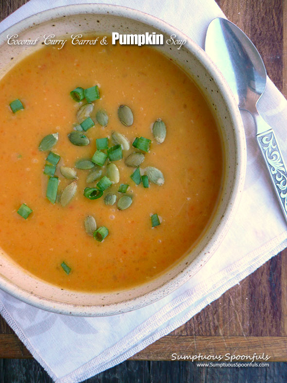 Coconut Curry Carrot & Pumpkin Soup ~ Sumptuous Spoonfuls #curried #carrot #pumpkin #soup #recipe