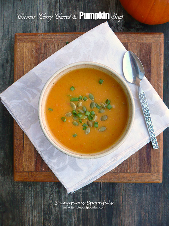 Coconut Curry Carrot & Pumpkin Soup ~ Sumptuous Spoonfuls #curried #carrot #pumpkin #soup #recipe