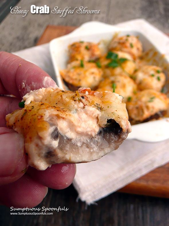 Cheesy Crab Stuffed Mushrooms (Fire Caps) ~ Sumptuous Spoonfuls #spicy #crab #cheese #stuffed #mushrooms #recipe