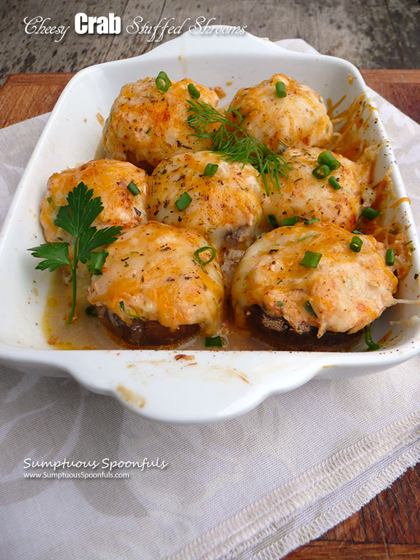 Cheesy Crab Stuffed Mushrooms (Fire Caps) ~ Sumptuous Spoonfuls #spicy #crab #cheese #stuffed #mushrooms #recipe