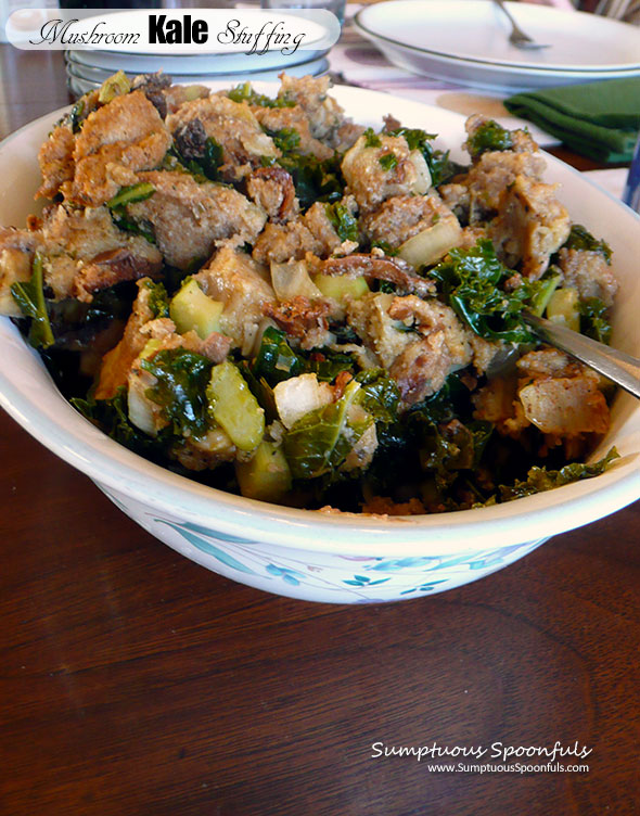 Mushroom Kale Stuffing ~ Sumptuous Spoonfuls #dressing #stuffing #recipe #holidays