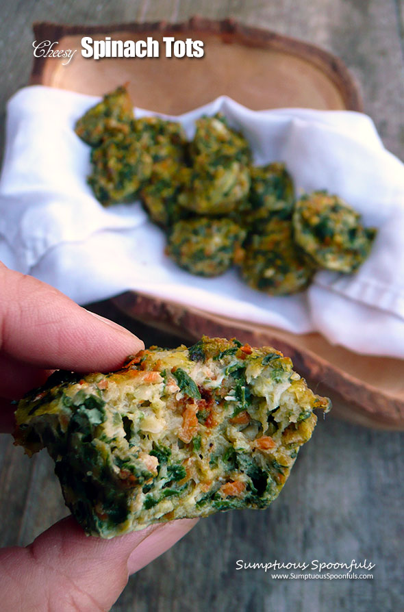 Cheesy Spinach Tots ~ the BEST way to eat your veggies! Sumptuous Spoonfuls #easy #veggie #tots #recipe