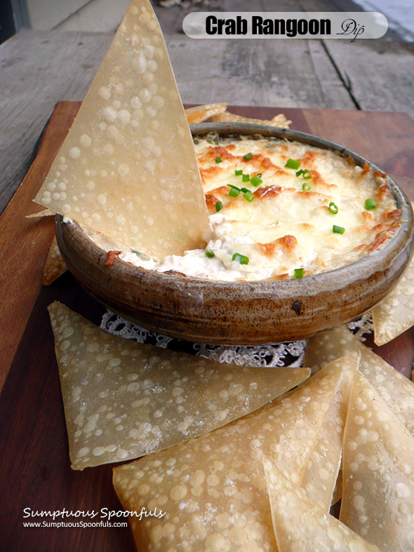 Crab Rangoon Dip with Baked Wonton Chips ~ Sumptuous Spoonfuls #easy #hot #cheesy #crab #dip #recipe