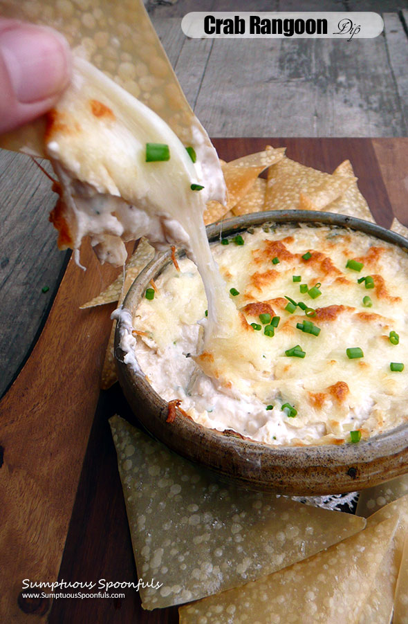 Crab Rangoon Dip with Baked Wonton Chips ~ Sumptuous Spoonfuls #easy #hot #cheesy #crab #dip #recipe