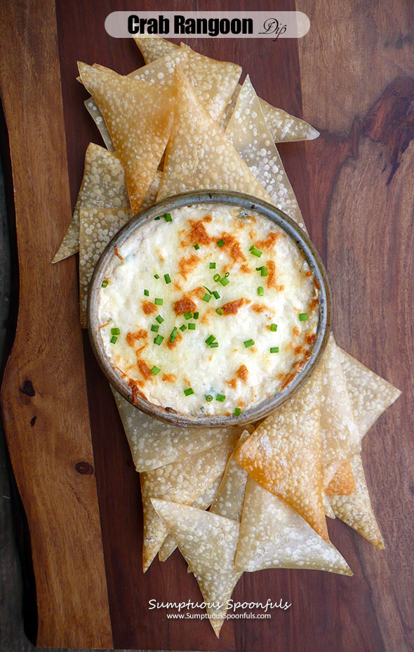 Crab Rangoon Dip with Baked Wonton Chips ~ Sumptuous Spoonfuls #easy #hot #cheesy #crab #dip #recipe