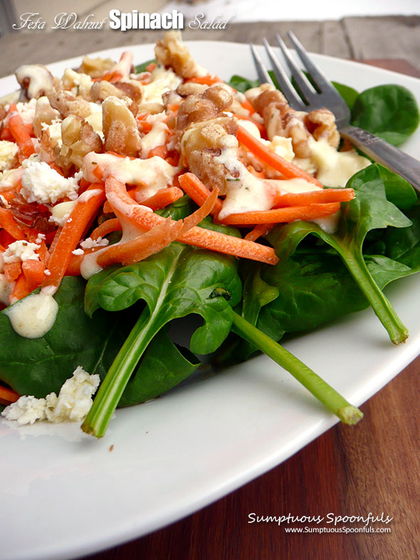 Feta Walnut Spinach Salad with Matchstick Carrots and Creamy Dijon Dressing ~ Sumptuous Spoonfuls #savory #winter #salad #recipe