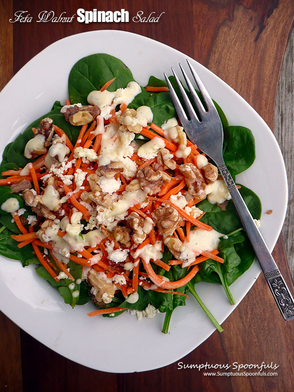 Feta Walnut Spinach Salad with Matchstick Carrots and Creamy Dijon Dressing ~ Sumptuous Spoonfuls #savory #winter #salad #recipe