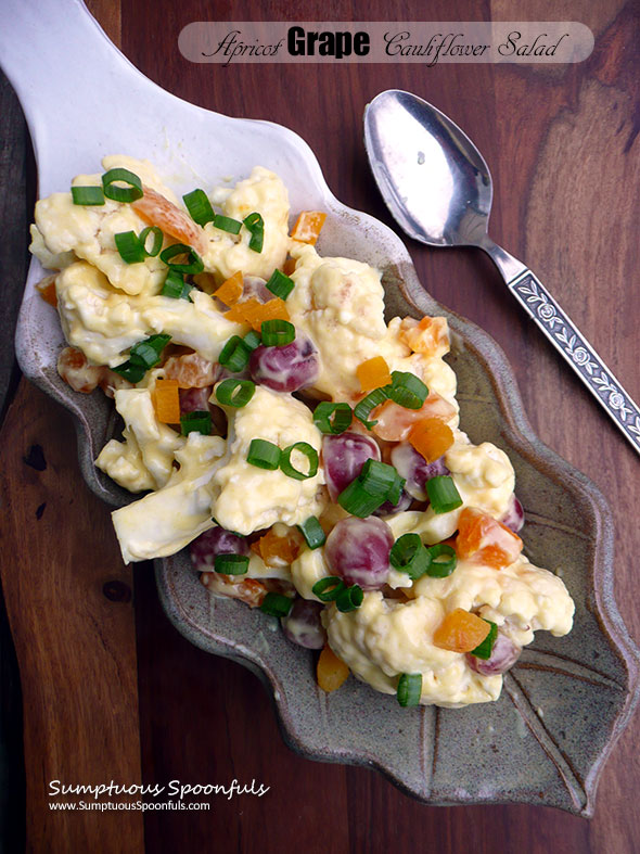 Apricot Grape Cauliflower Salad with honey mustard yogurt dressing ~ Sumptuous Spoonfuls #colorful #easy #cauliflower #salad #recipe