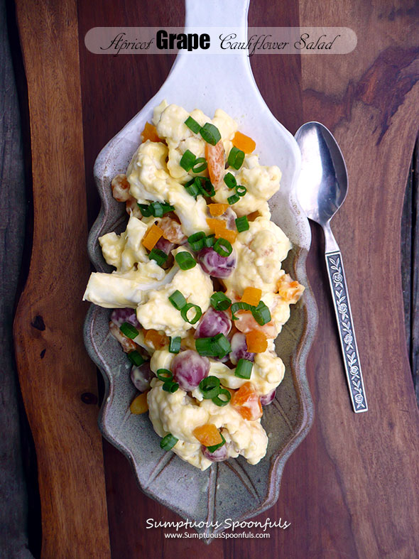 Apricot Grape Cauliflower Salad with honey mustard yogurt dressing ~ Sumptuous Spoonfuls #colorful #easy #cauliflower #salad #recipe