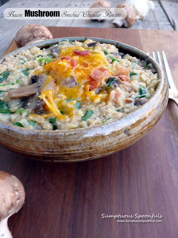 Bacon Mushroom Smoked Cheddar Risotto ~ Sumptuous Spoonfuls #easy #baked #brownrice #risotto #recipe