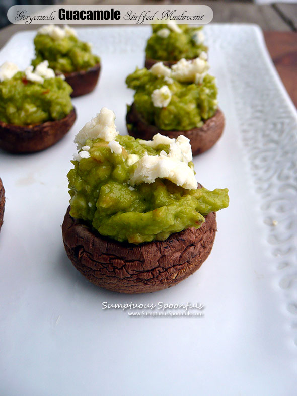 Gorgonzola Guacamole Stuffed Mushrooms ~ Sumptuous Spoonfuls #bluecheese #guacamole #mushrooms #appetizer #gameday #recipe