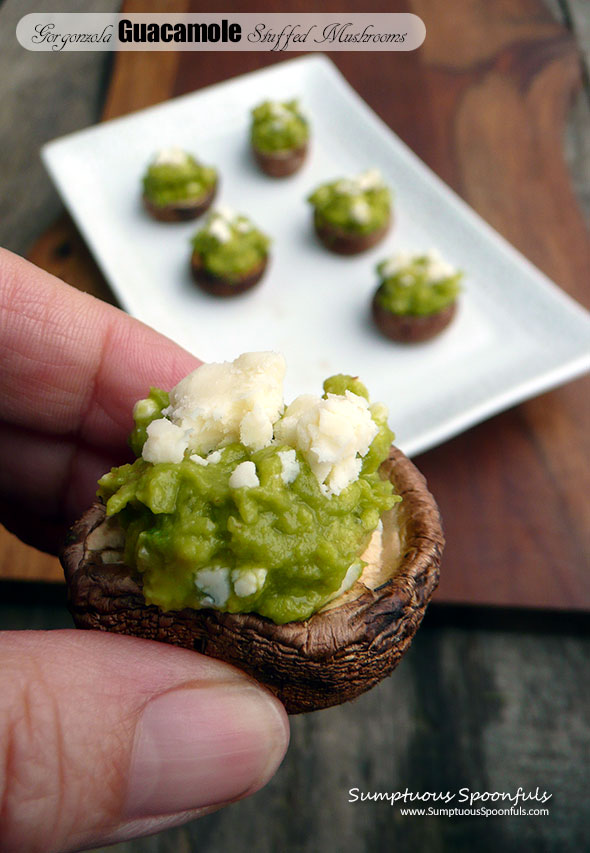 Gorgonzola Guacamole Stuffed Mushrooms ~ Sumptuous Spoonfuls #bluecheese #guacamole #mushrooms #appetizer #gameday #recipe