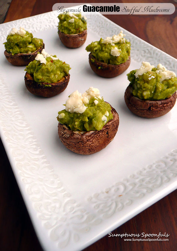 Gorgonzola Guacamole Stuffed Mushrooms ~ Sumptuous Spoonfuls #bluecheese #guacamole #mushrooms #appetizer #gameday #recipe