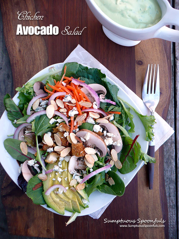 Chicken Avocado Salad with Creamy Herb Avocado Dressing ~ Sumptuous Spoonfuls #dinner #salad #recipe