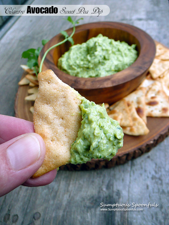 Cilantro Avocado Sweet Pea Dip ~ Sumptuous Spoonfuls #easy #green #healthy #dip #recipe #StPatricksDay