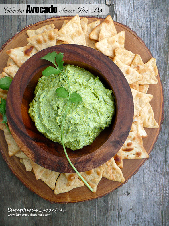 Cilantro Avocado Sweet Pea Dip ~ Sumptuous Spoonfuls #easy #green #healthy #dip #recipe #StPatricksDay