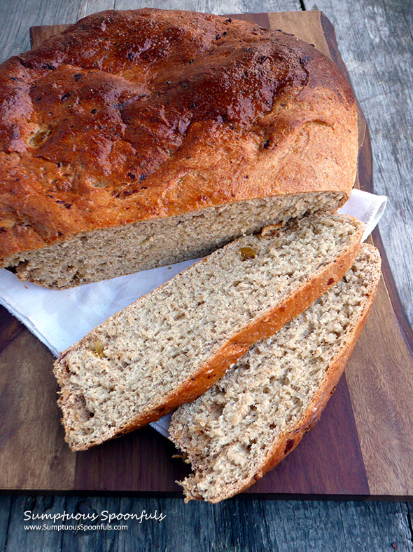 Irish Barmbrack Bread with tea-soaked raisins ~ Sumptuous Spoonfuls #wholewheat #irish #yeast #breadmachine #recipe