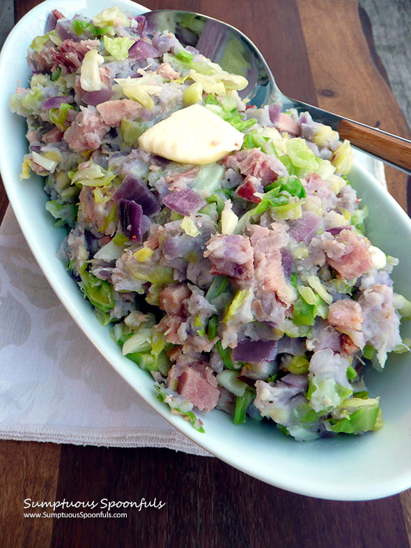 Irish Blue Potato Colcannon with Ham ~ Sumptuous Spoonfuls #healthy #mashedpotato #cabbage #ham #recipe