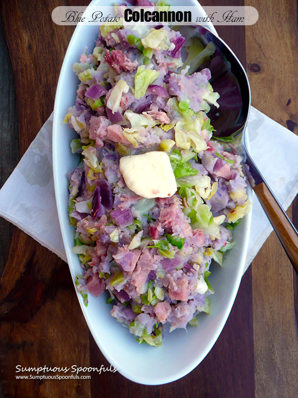 Irish Blue Potato Colcannon with Ham ~ Sumptuous Spoonfuls #healthy #mashedpotato #cabbage #ham #recipe