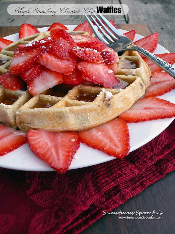 Maple Strawberry Chocolate Chip Waffles ~ Sumptuous Spoonfuls #decadent #breakfast #recipe #waffles