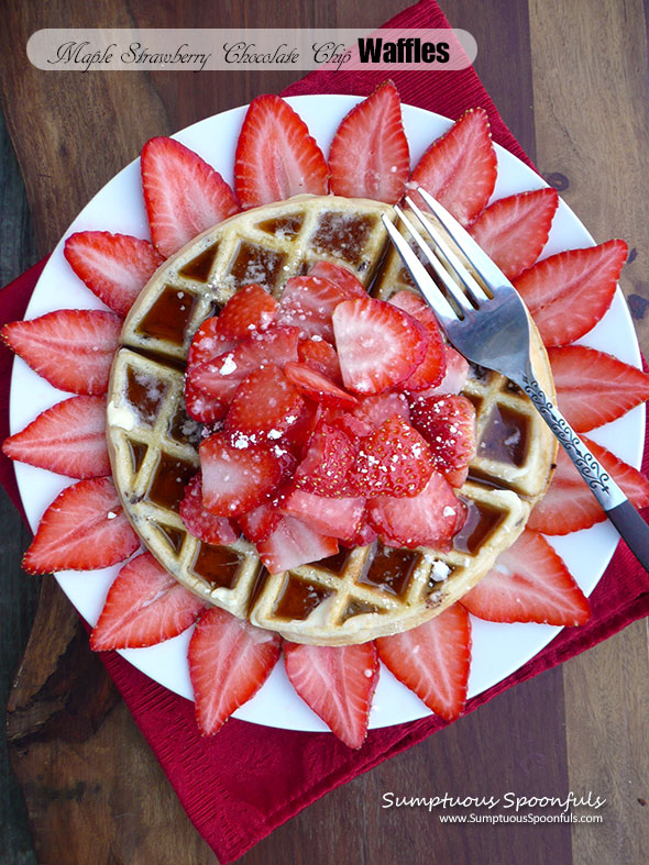 Maple Strawberry Chocolate Chip Waffles ~ Sumptuous Spoonfuls #decadent #breakfast #recipe #waffles