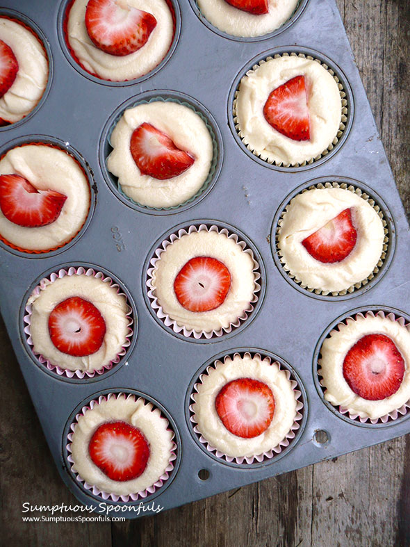 Strawberry Surprise Cupcakes ~ Sumptuous Spoonfuls #fresh #strawberry #cupcakes #recipe