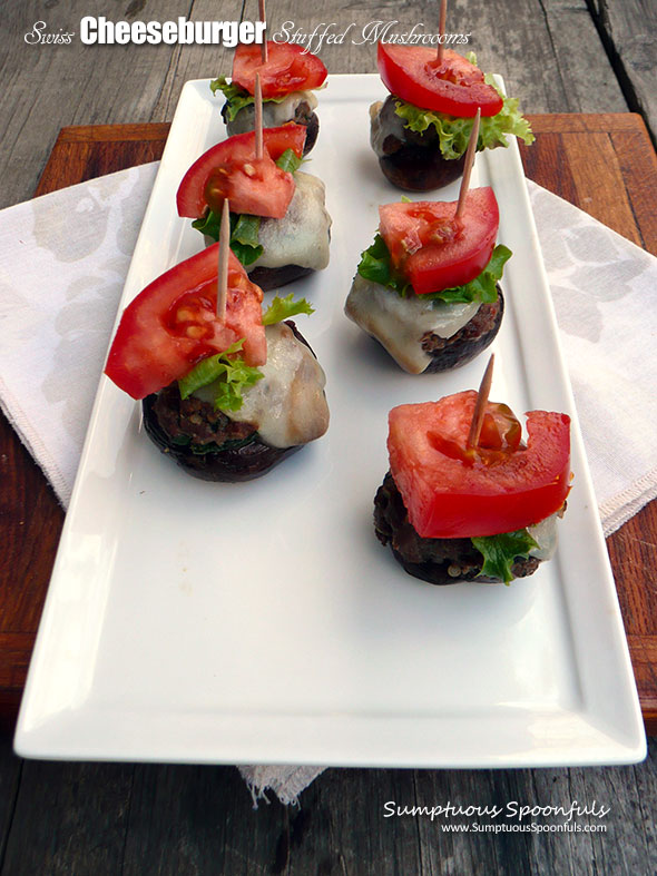 Swiss Cheeseburger Stuffed Mushrooms ~ Sumptuous Spoonfuls #mushroom #swiss #burger #appetizer