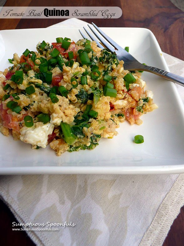 Tomato Basil Quinoa Scrambled Eggs with Kale ~ Sumptuous Spoonfuls #eggs #kale #breakfast #recipe