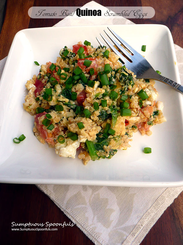 Tomato Basil Quinoa Scrambled Eggs with Kale ~ Sumptuous Spoonfuls #eggs #kale #breakfast #recipe