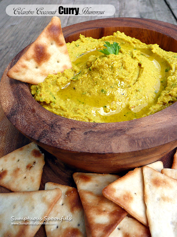 Cilantro Coconut Curry Hummus ~ Sumptuous Spoonfuls #curried #hummus #dip #recipe