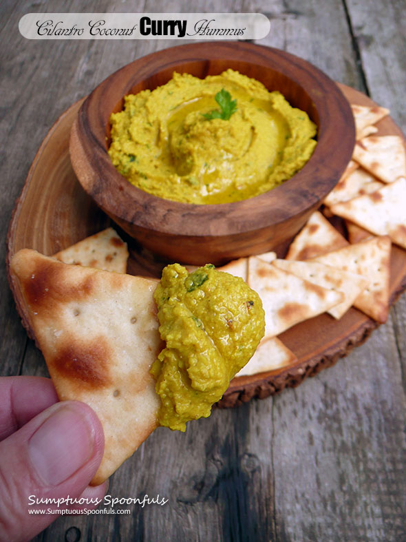 Cilantro Coconut Curry Hummus ~ Sumptuous Spoonfuls #curried #hummus #dip #recipe